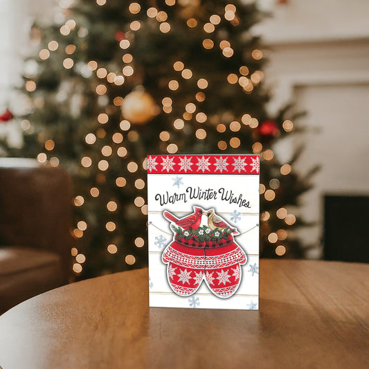 Cardinals and Mittens- Boxed Christmas Cards -15 Cards on a table, with a Christmas tree in the background