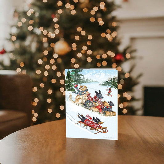 Toboggan Dogs-  26 Boxed Christmas Cards and Envelopes