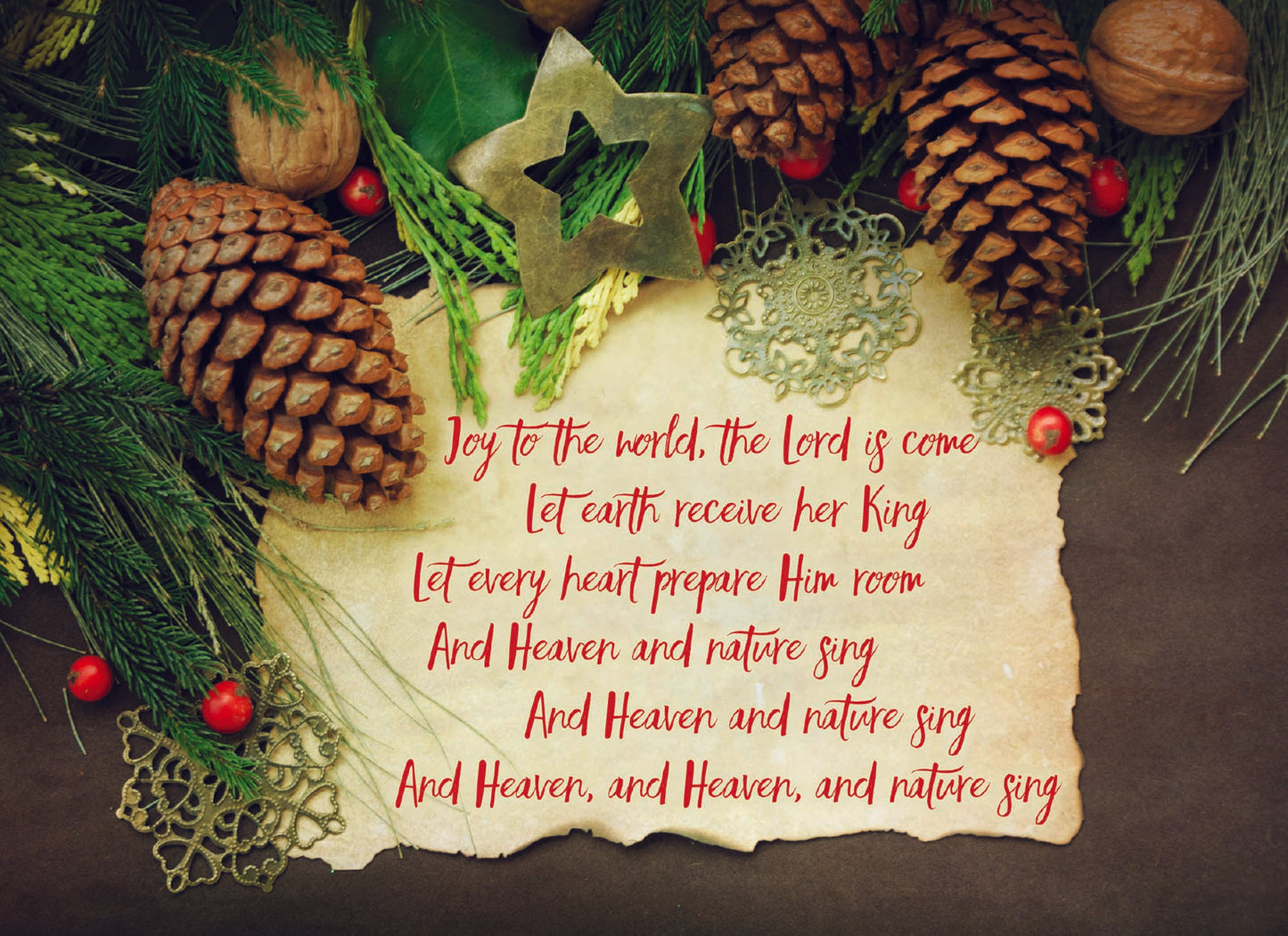 Joy to the world, the Lord is come
Let Earth receive her King
Ley every heart prepare Him room
And Heaven and nature sing
And Heaven and Nature sing
And Heaven, and Heaven, and nature sing