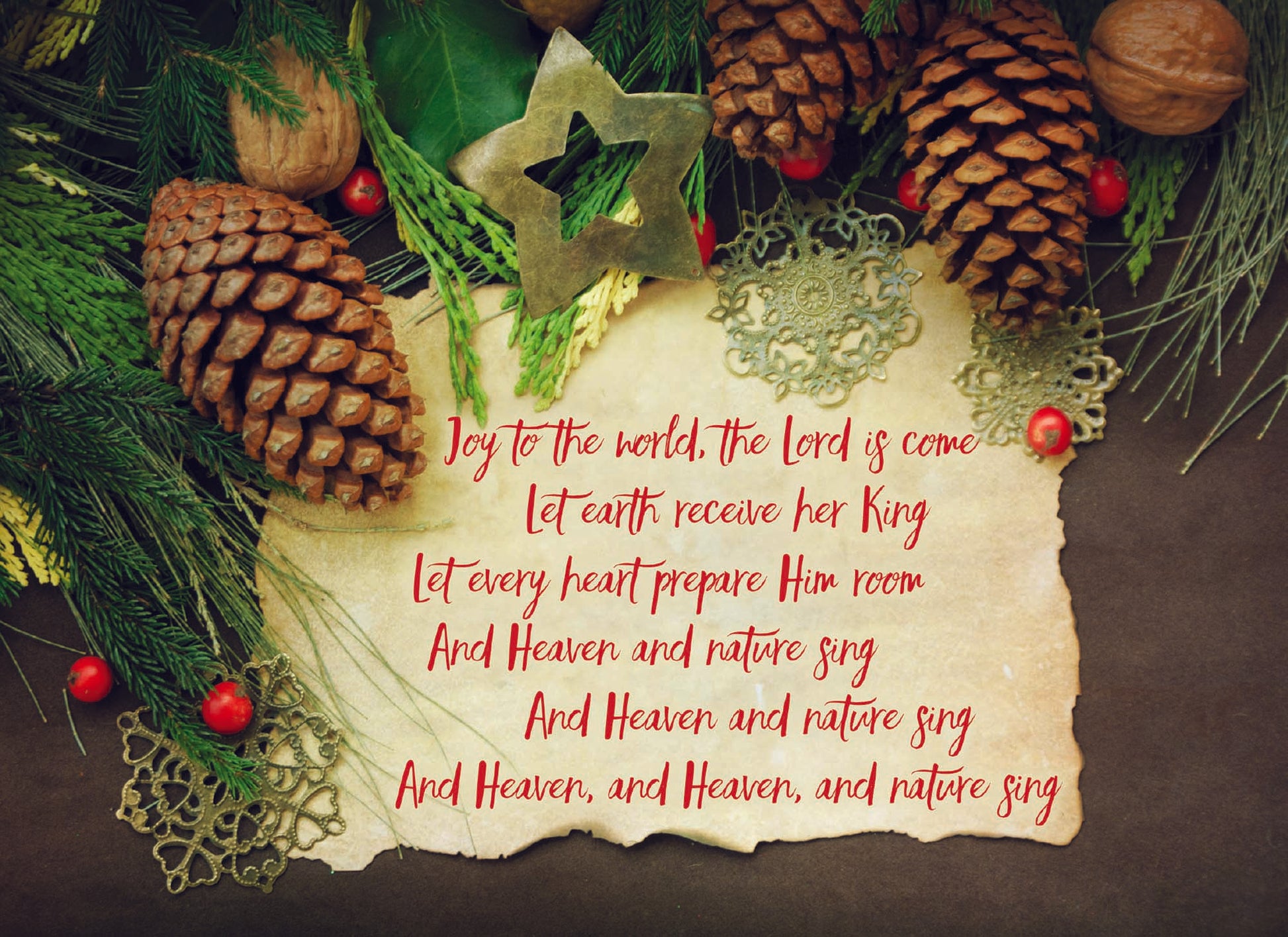 Joy to the world, the Lord is come 
Let Earth receive her King
Ley every heart prepare Him room 
And Heaven and nature sing
And Heaven and Nature sing
And Heaven, and Heaven, and nature sing