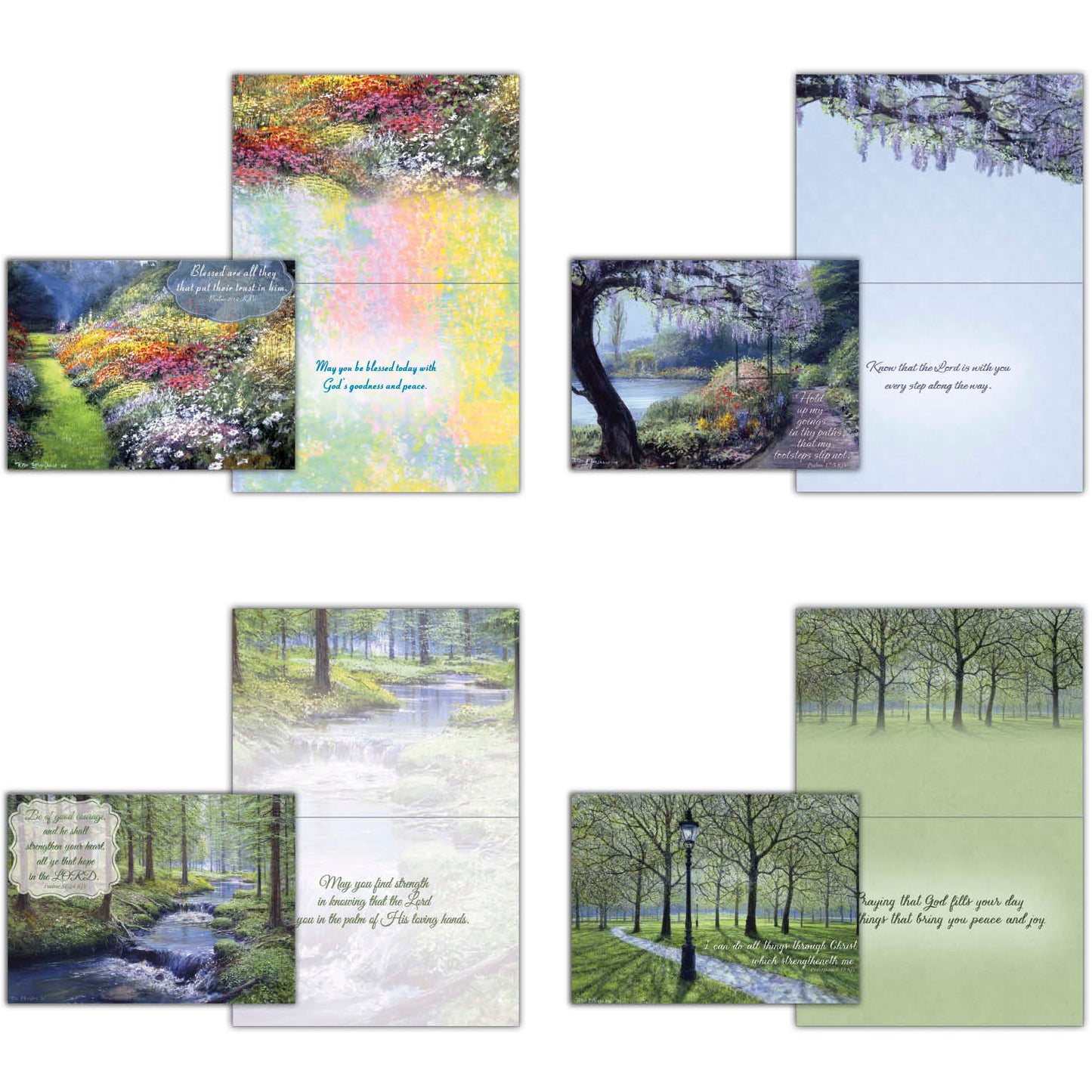 An assortment of religious encouragement greeting cards displayed in a neat arrangement. Each card features uplifting messages, Bible verses, and faith-inspired designs with soft pastel colors, floral patterns, and elegant typography.
