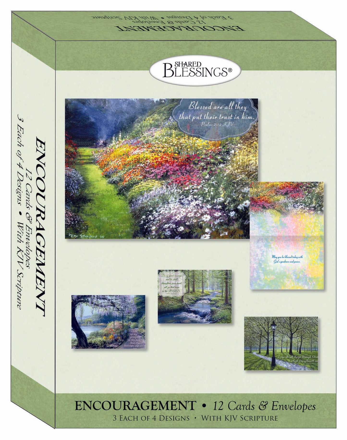An assorted box of religious encouragement greeting cards displayed in a neat arrangement. Each card features uplifting messages, Bible verses, and faith-inspired designs with soft pastel colors, floral patterns, and elegant typography.