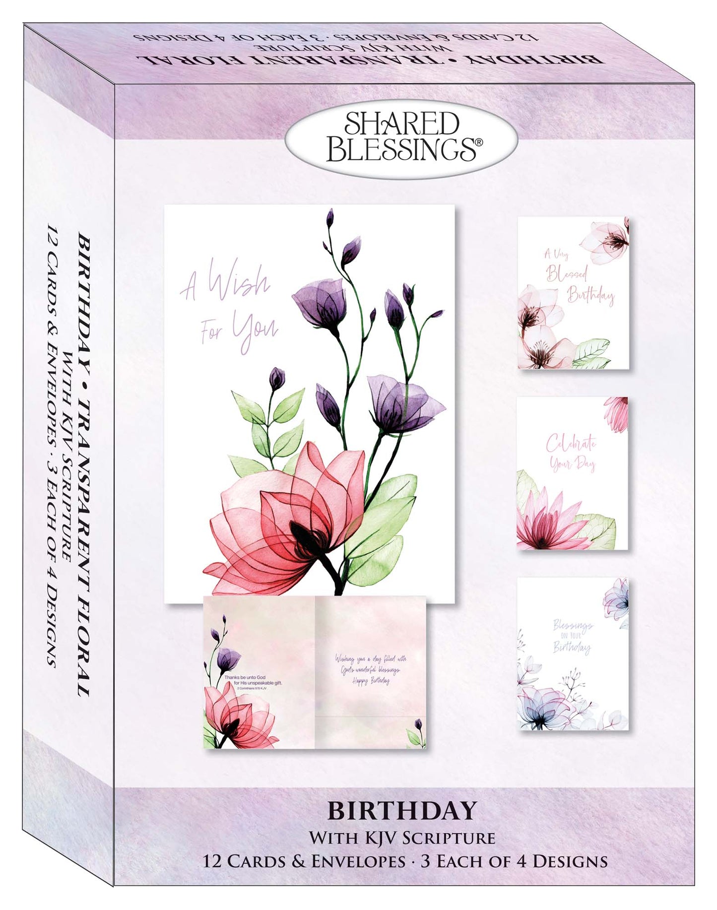 Christian Birthday Cards by Shared Blessings-Transparent Floral, Box of 12 Assorted Birthday Cards