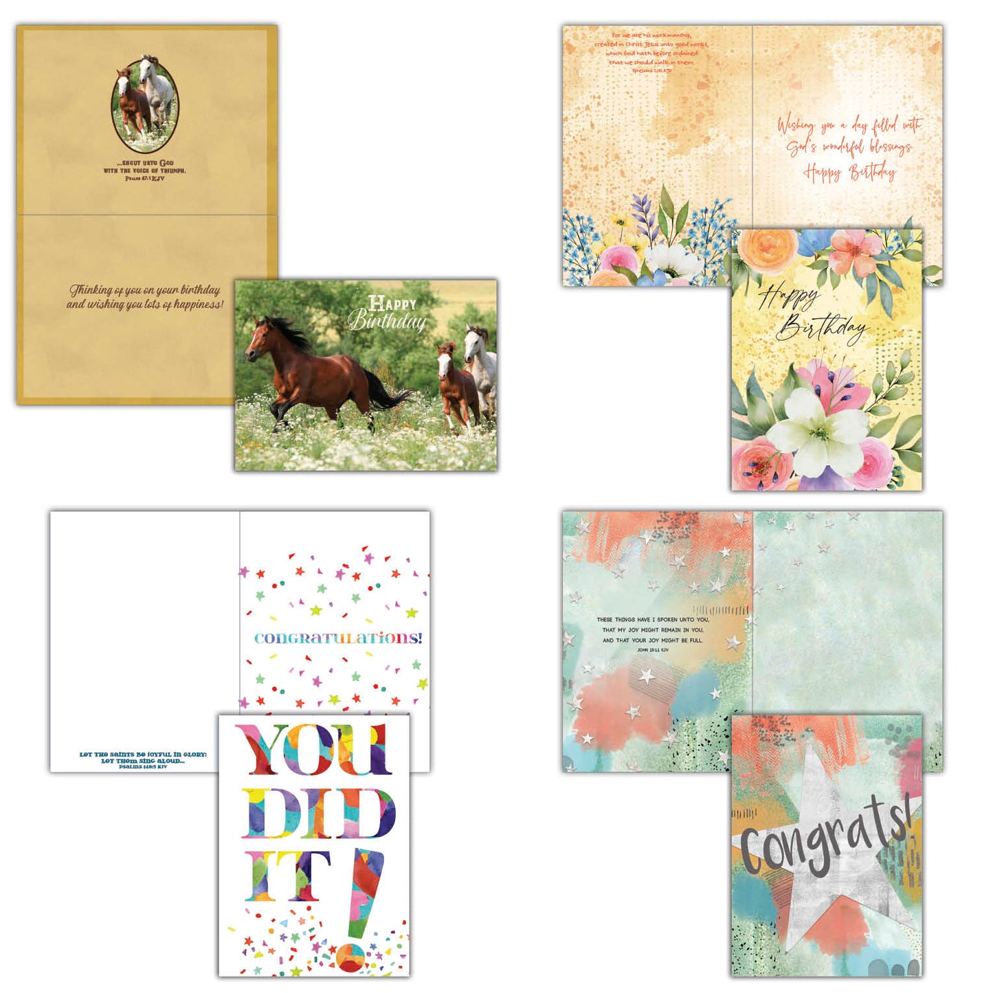 An assortment of religious birthday and congratulations greeting cards displayed in a neat arrangement. Each card features uplifting messages, Bible verses, and faith-inspired designs and elegant typography.