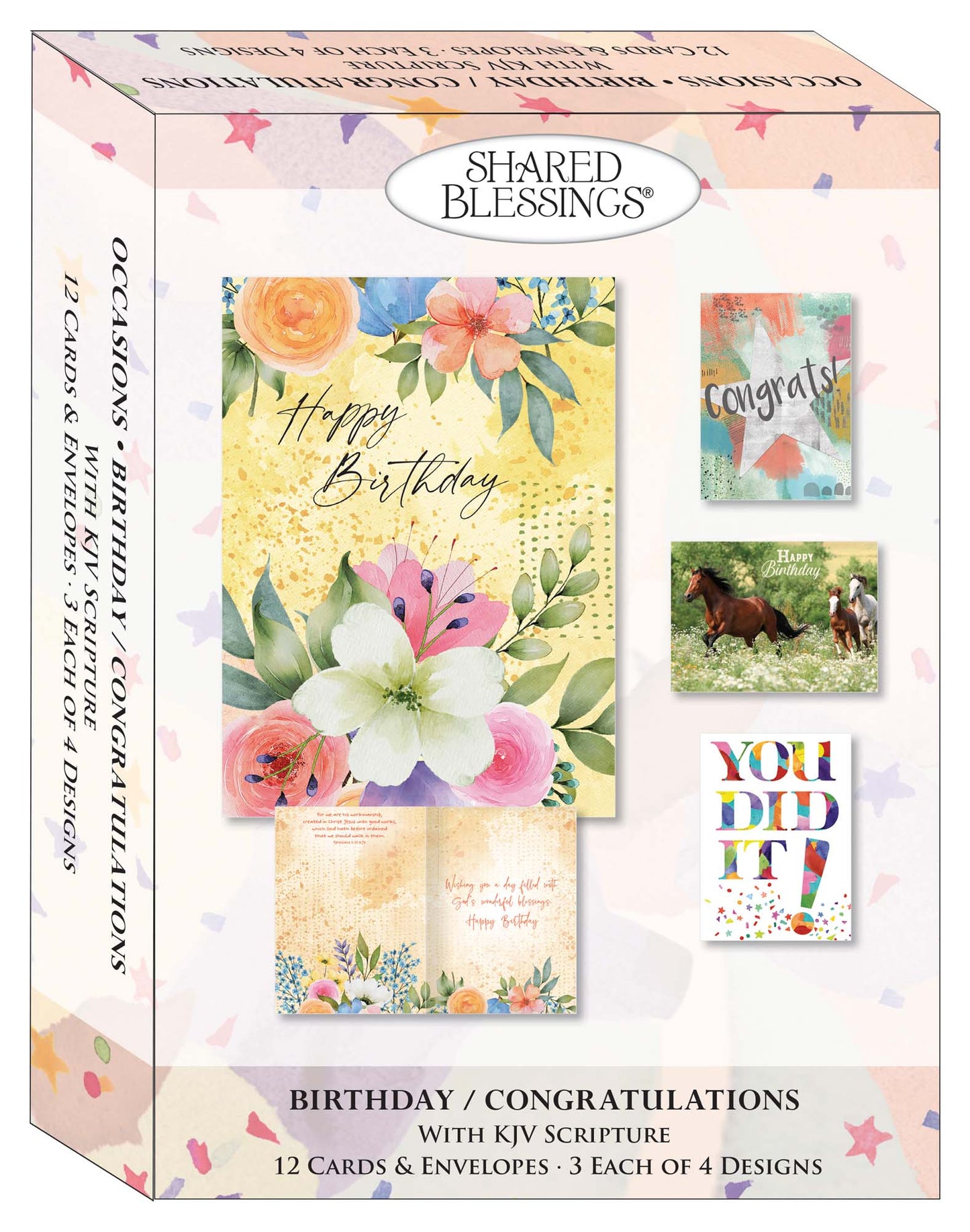 An assorted box of religious birthday and congratulations greeting cards displayed in a neat arrangement. Each card features uplifting messages, Bible verses, and faith-inspired designs and elegant typography.