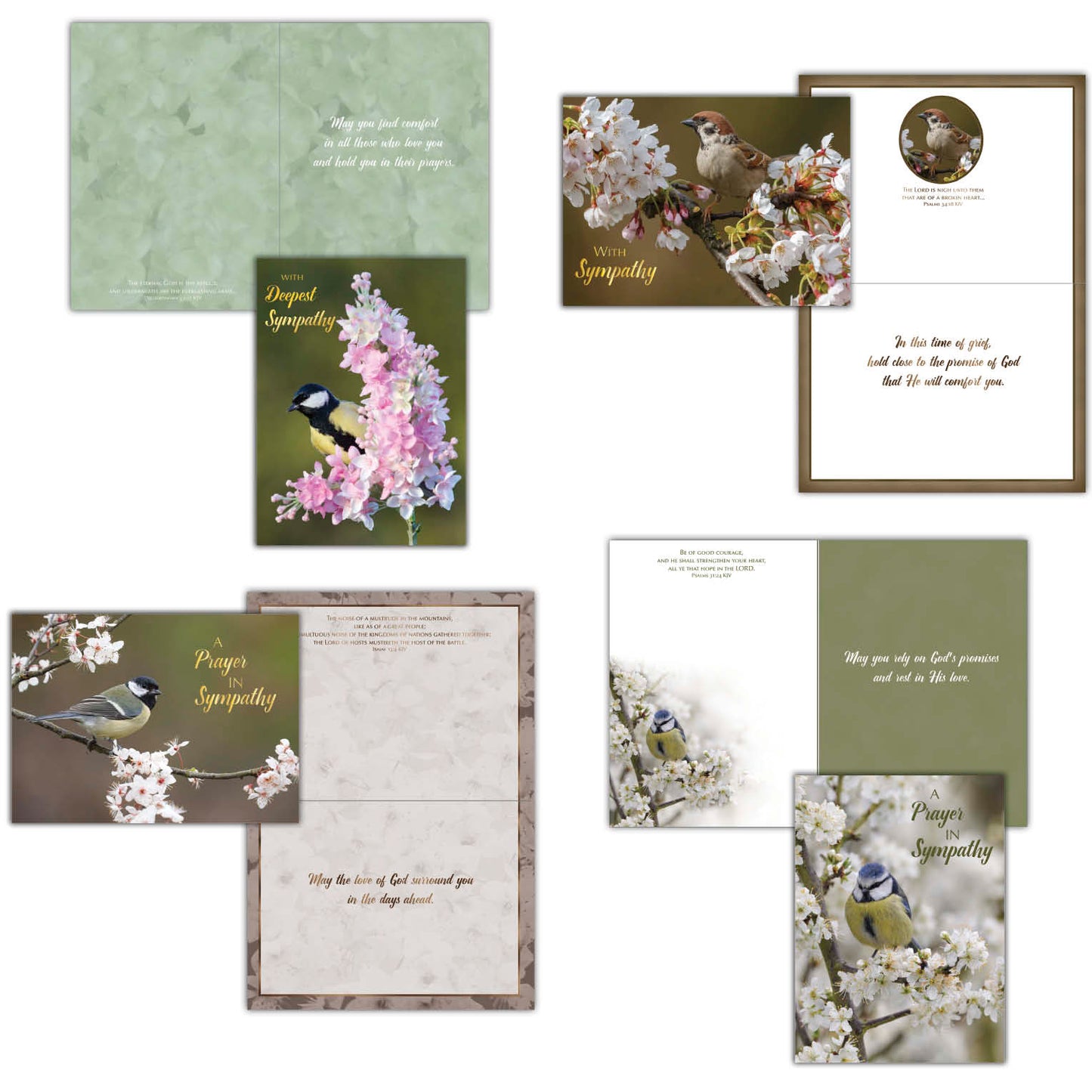 An assortment of religious sympathy greeting cards displayed in a neat arrangement. Each card features uplifting messages, Bible verses, and faith-inspired designs and elegant typography.