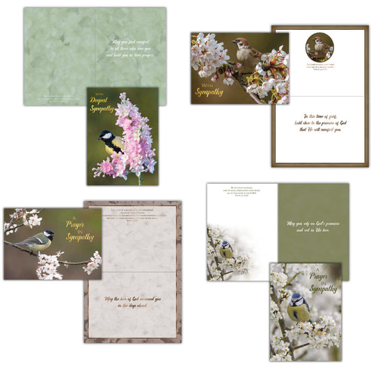 An assortment of religious sympathy greeting cards displayed in a neat arrangement. Each card features uplifting messages, Bible verses, and faith-inspired designs and elegant typography.