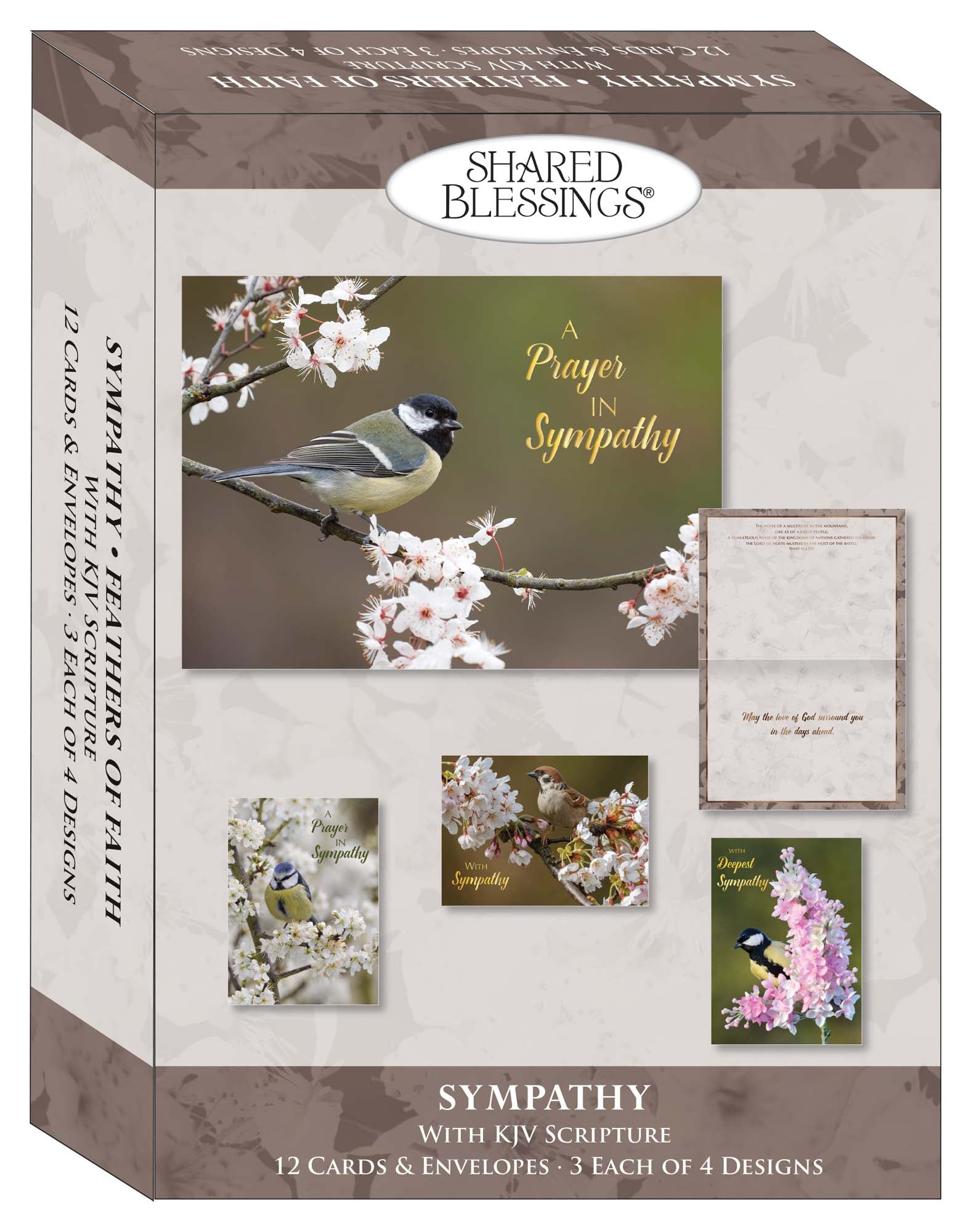 An assorted box of religious sympathy greeting cards displayed in a neat arrangement. Each card features uplifting messages, Bible verses, and faith-inspired designs and elegant typography.