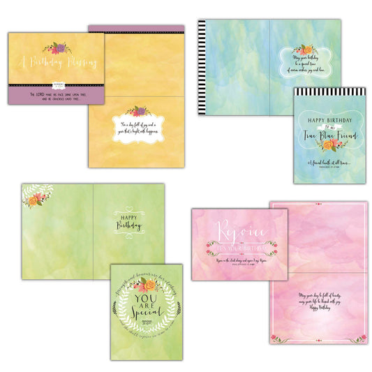 An assortment of religious birthday greeting cards displayed in a neat arrangement. Each card features uplifting messages, Bible verses and faith-inspired designs.