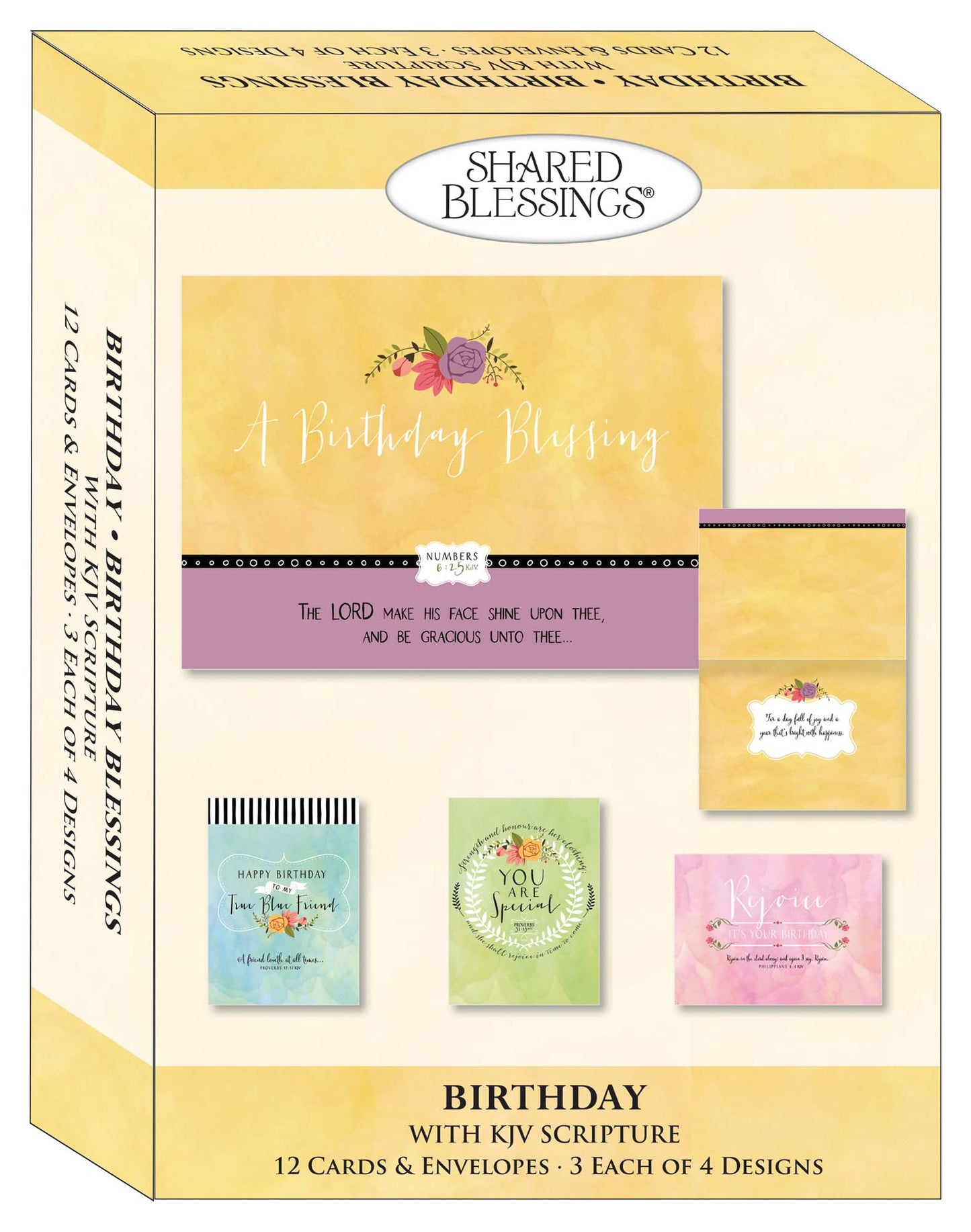 An assorted box of religious birthday greeting cards displayed in a neat arrangement. Each card features uplifting messages, Bible verses, and faith-inspired designs and elegant typography.
