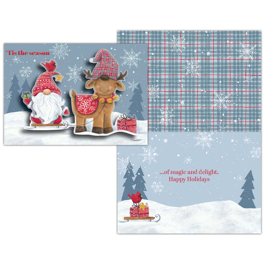 Special Finish Boxed Christmas Cards- Tis the season Gnome -15 Cards & Envelopes