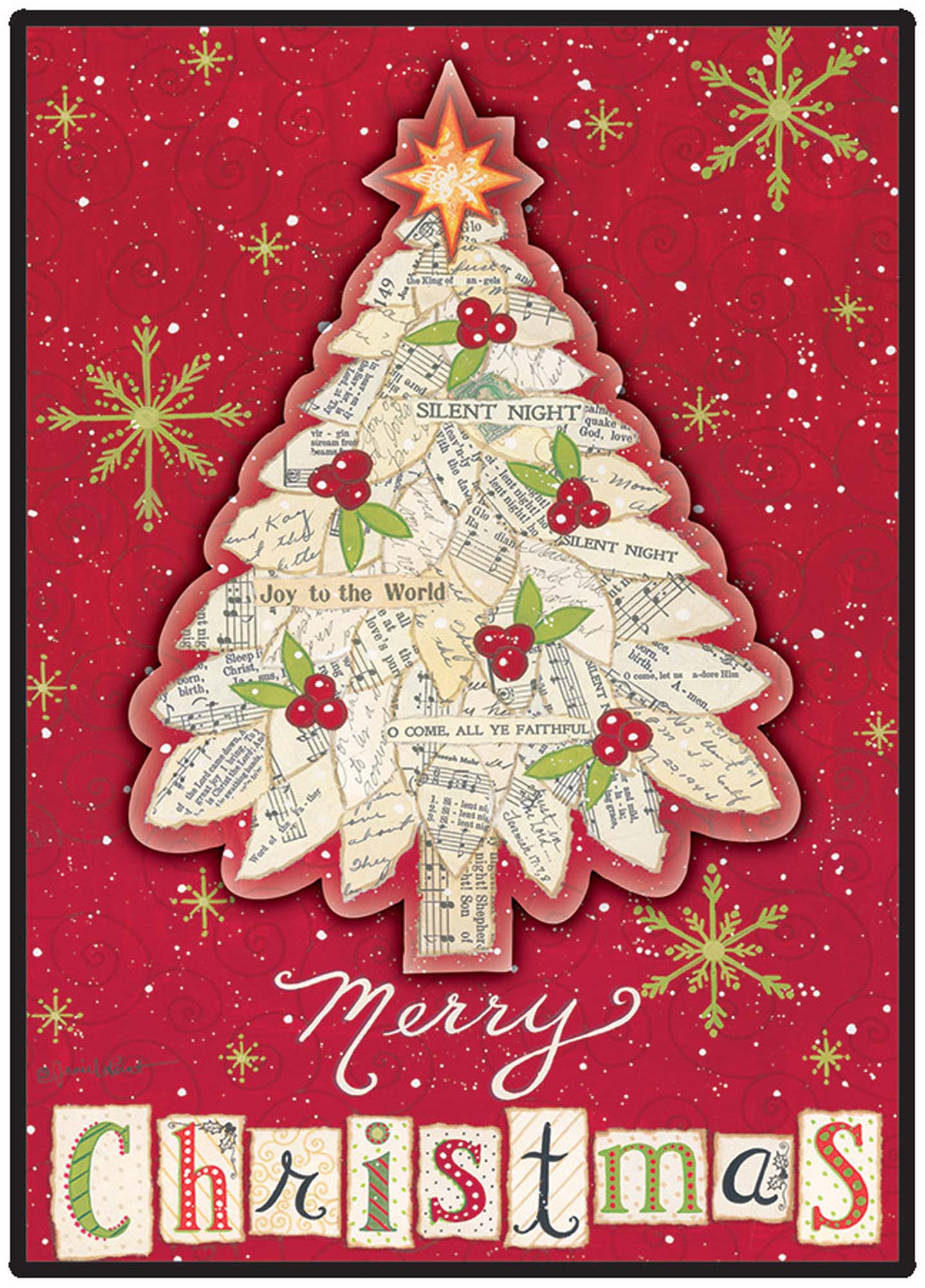 Christmas card with a tree made of sheet music on a red background with snowflakes.