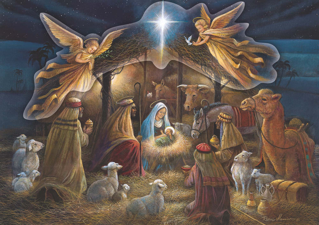 Nativity scene with angels, Mary, Joseph, and baby Jesus surrounded by animals and shepherds.