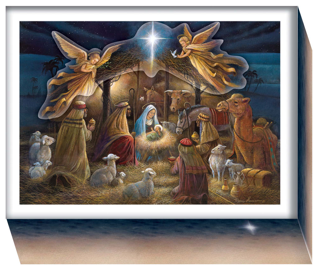 Nativity scene with angels, shepherds, and animals in a starlit sky.