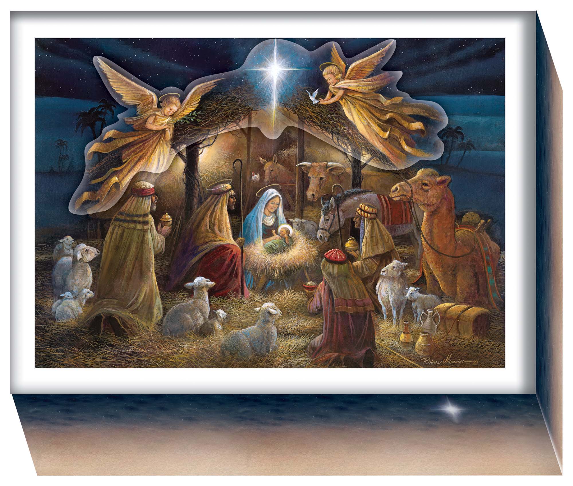 Nativity scene with angels, shepherds, and animals in a starlit sky.