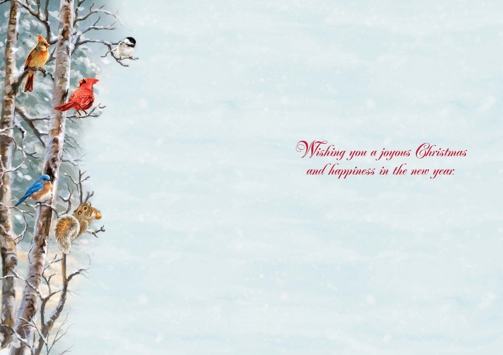 Winter scene with birds on trees and a snowy background, featuring a Christmas message.