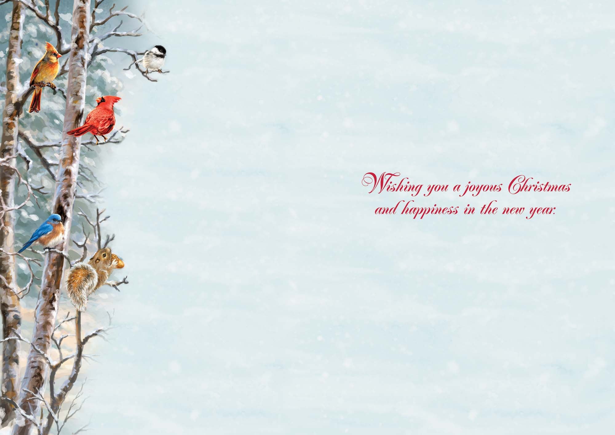 Winter scene with birds on trees and a snowy background, featuring a Christmas message.