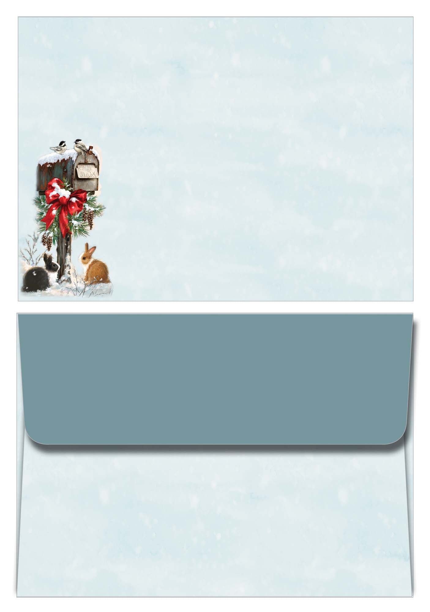 Christmas-themed envelope on a light blue background