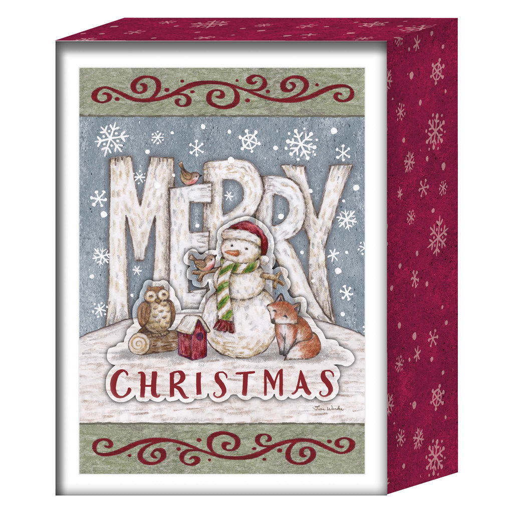 Christmas box with snowman, owl, and fox illustration on a snowy background.
