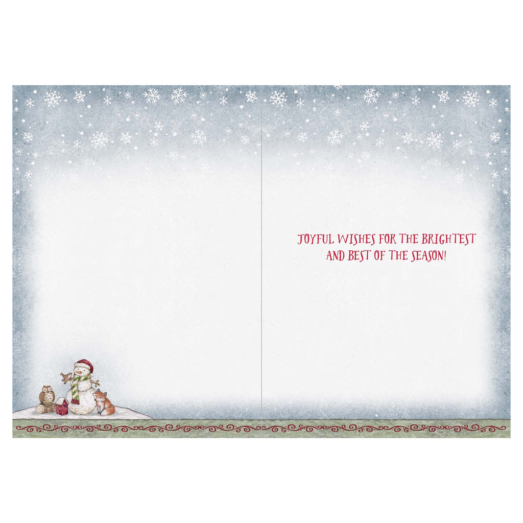 Christmas card with snowman and dog illustration on a snowy background