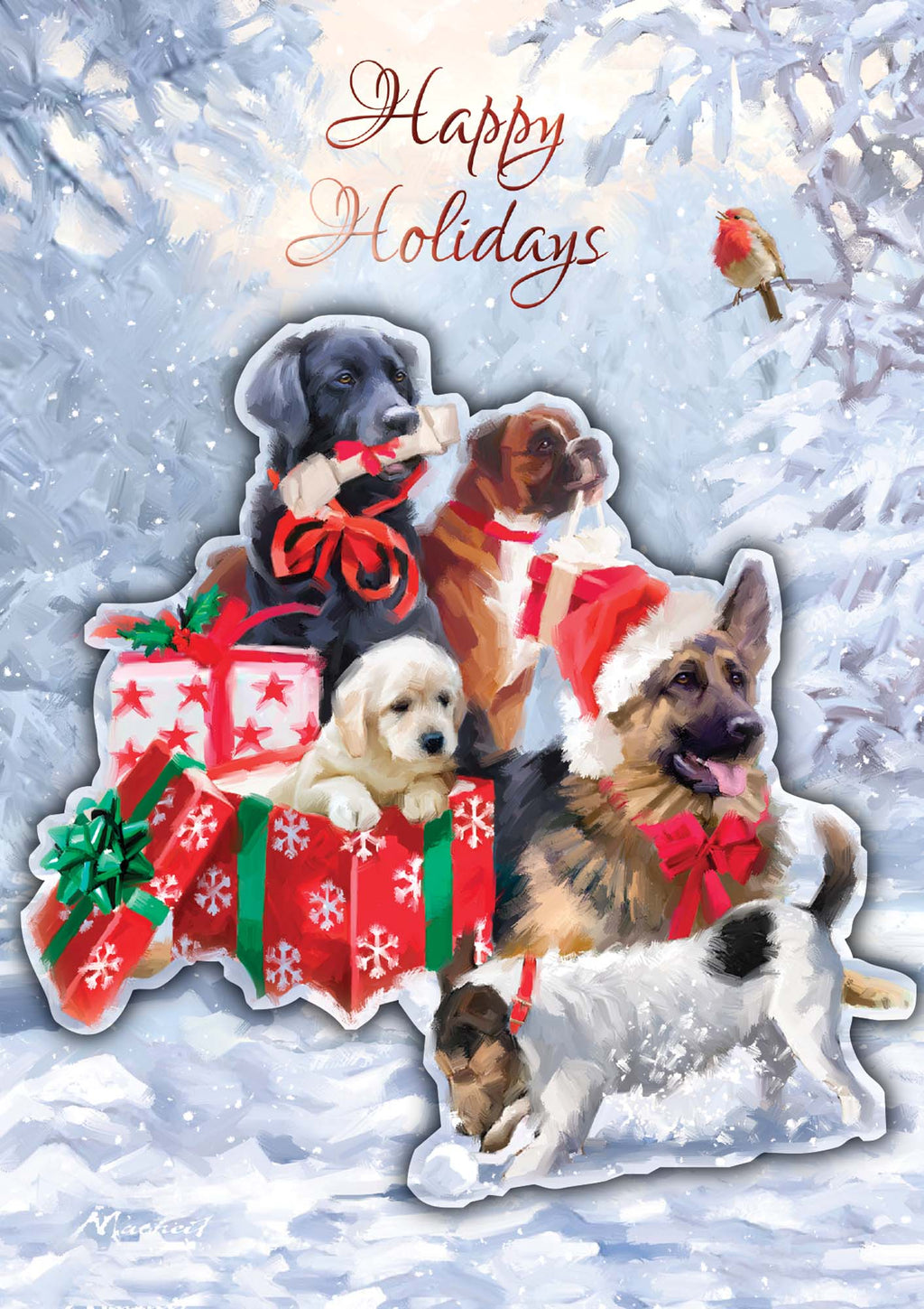 Holiday card with dogs in a sleigh, presents, and a robin on a snowy background.