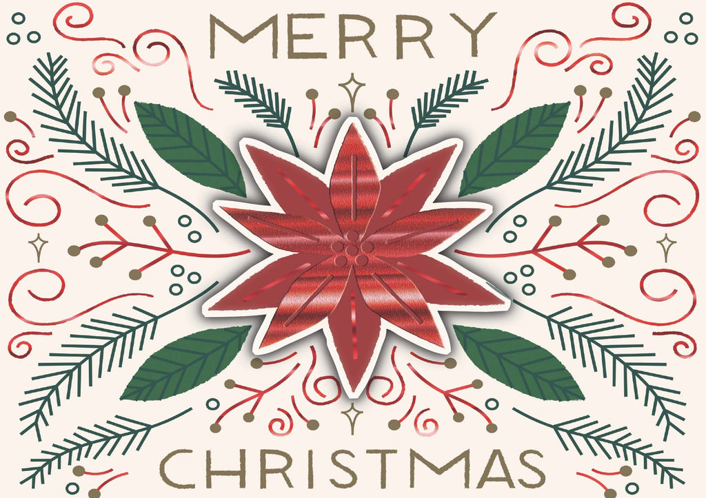 Decorative Christmas card with a red poinsettia and green leaves on a white background.