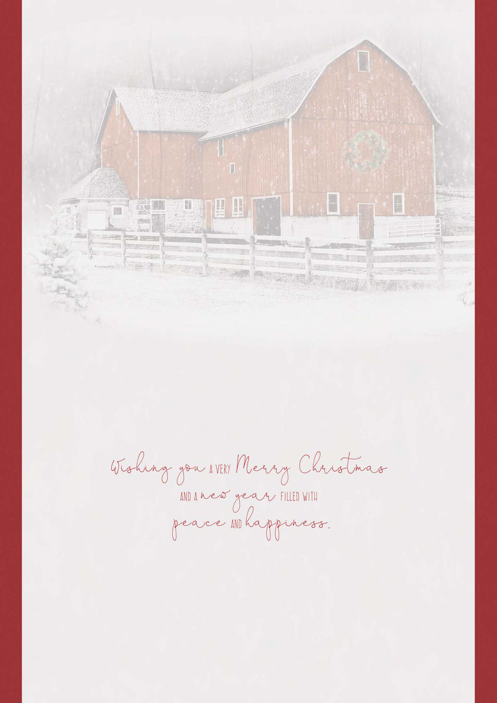 Snowy scene with a barn and festive text on a red border