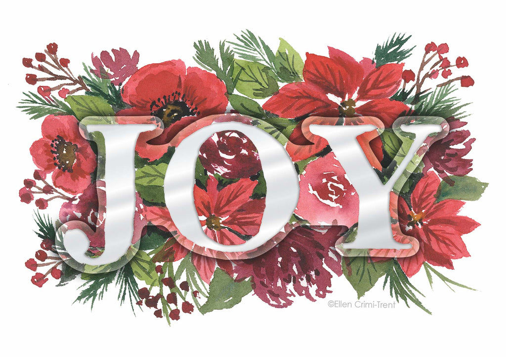 Decorative sign with 'JOY' surrounded by red flowers and greenery on a white background