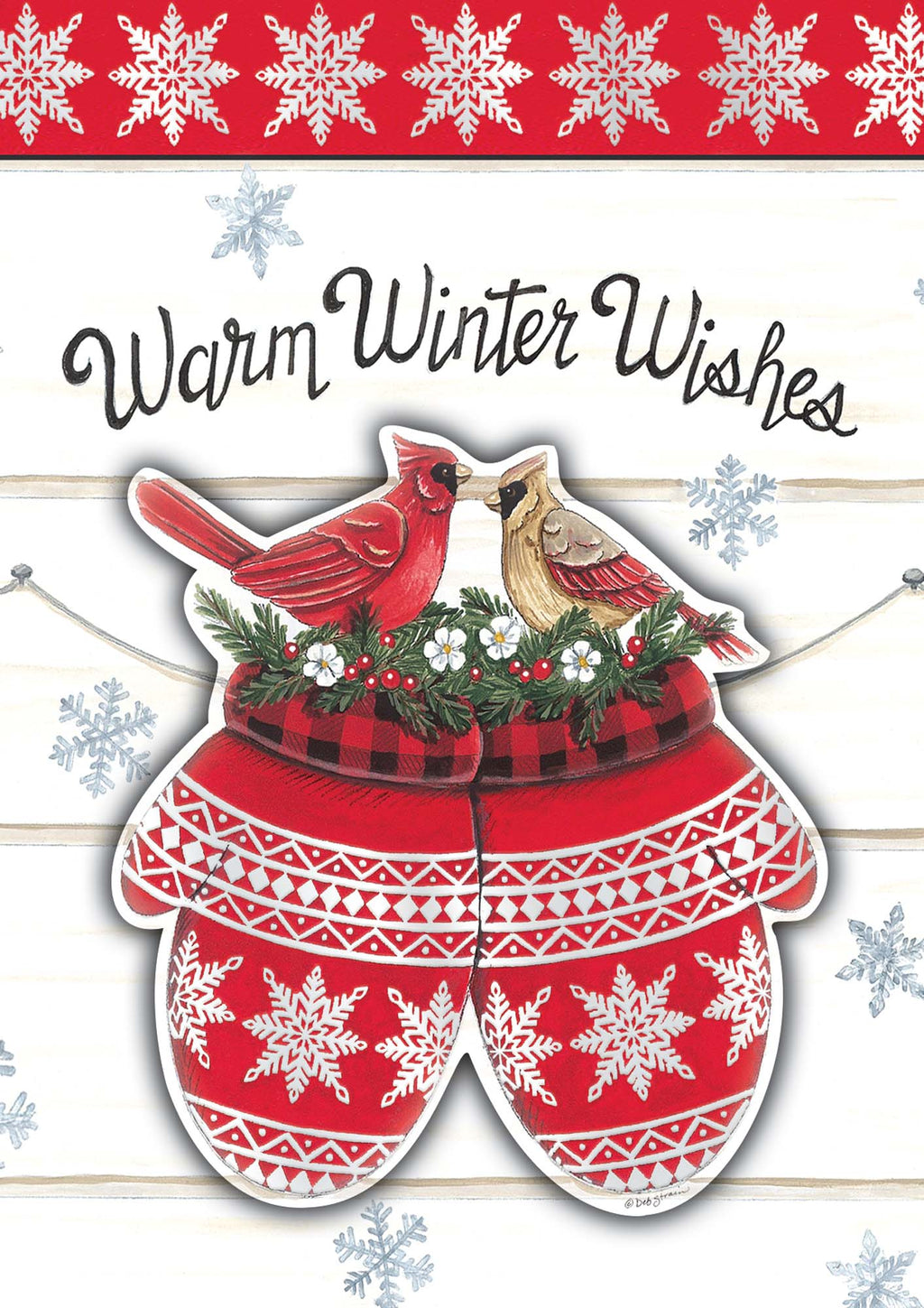 Card with red mittens, cardinals, and 'Warm Winter Wishes' text on a decorative border with snowflakes.