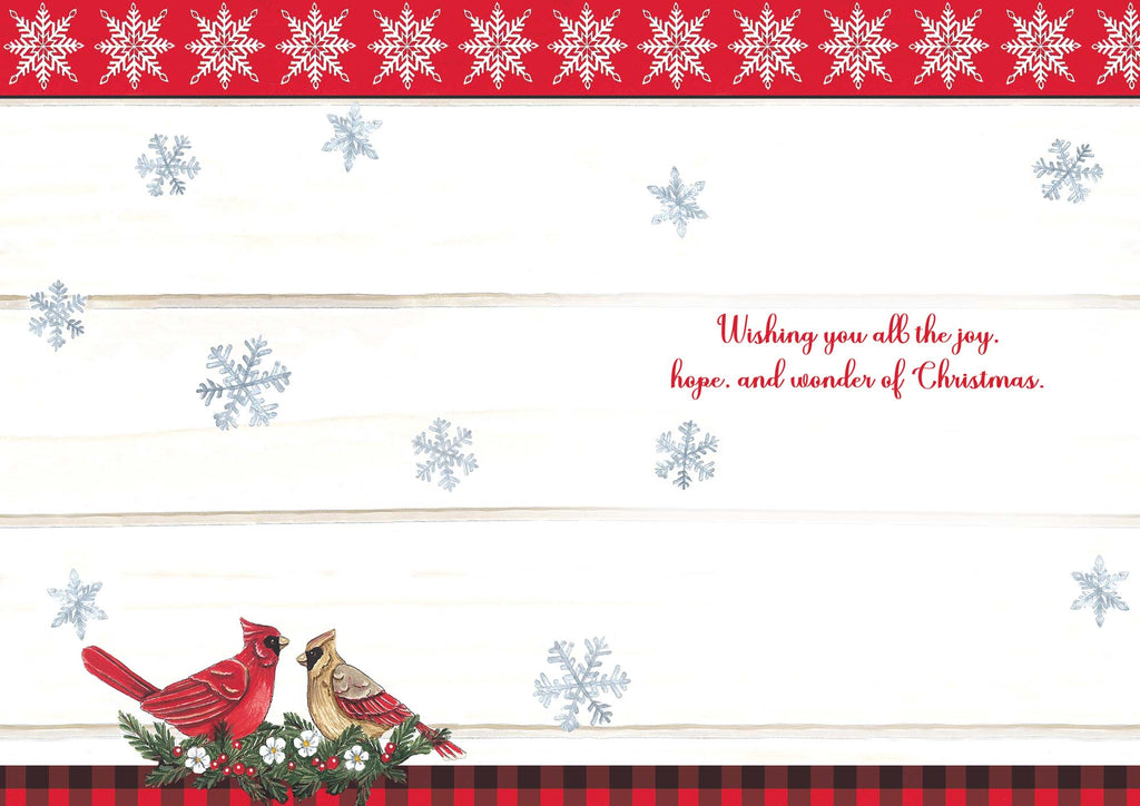 Christmas card with red cardinal birds, snowflakes, and a checkered border.