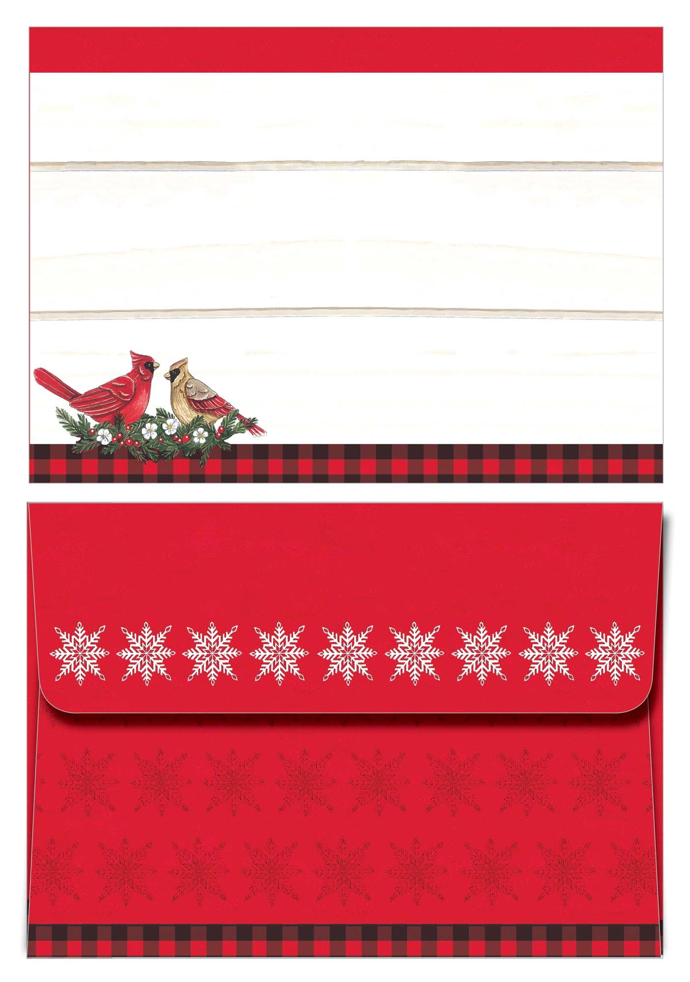 Christmas-themed red envelope, with  cardinal birds, and snowflake pattern on a white background.