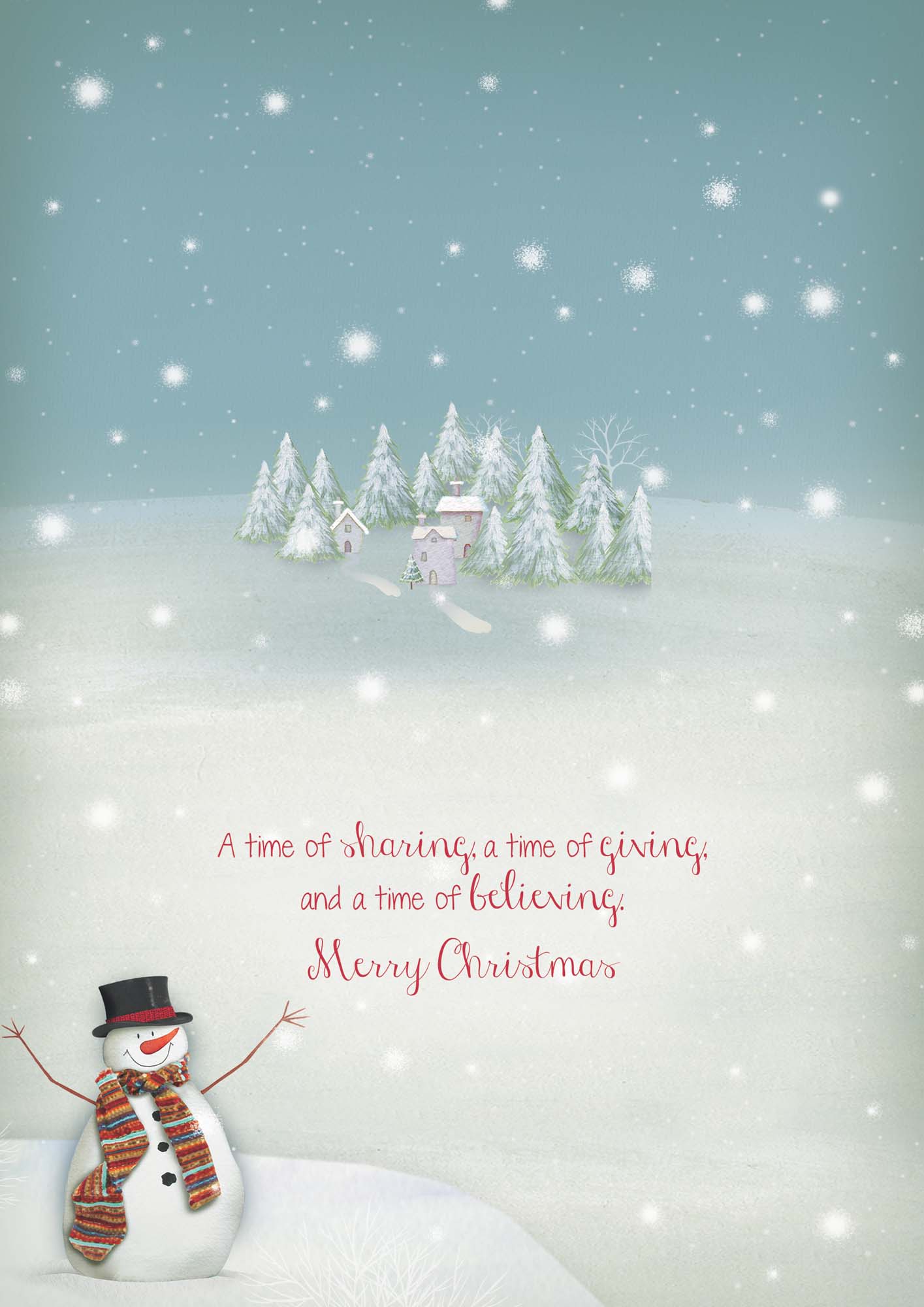 Snowman in a snowy landscape with trees and a small house, featuring a Christmas message.