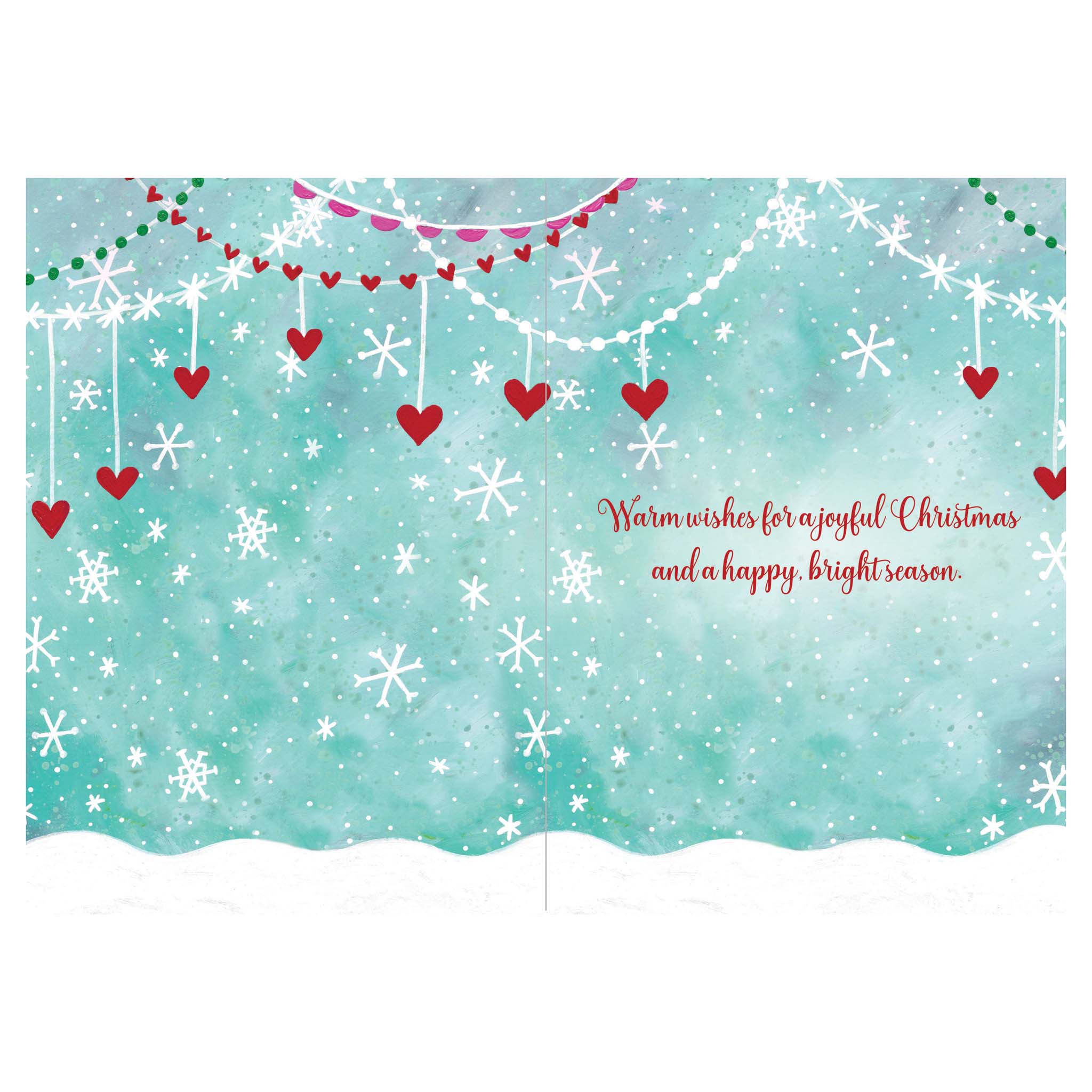 Christmas-themed card with snowflakes, hearts, and a message on a blue background