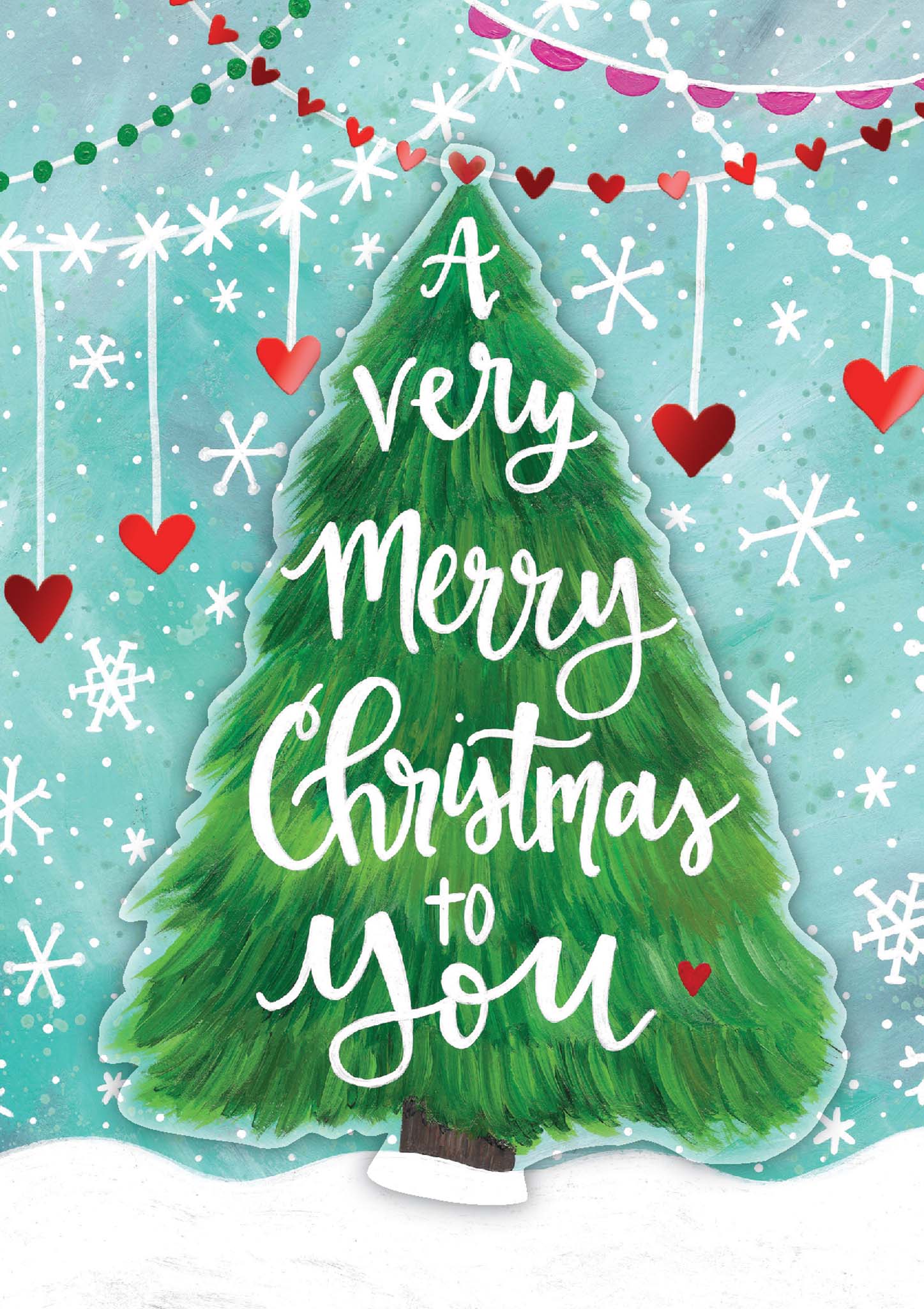 Christmas card with a green tree and 'A Very Merry Christmas to You' text on a snowy background.