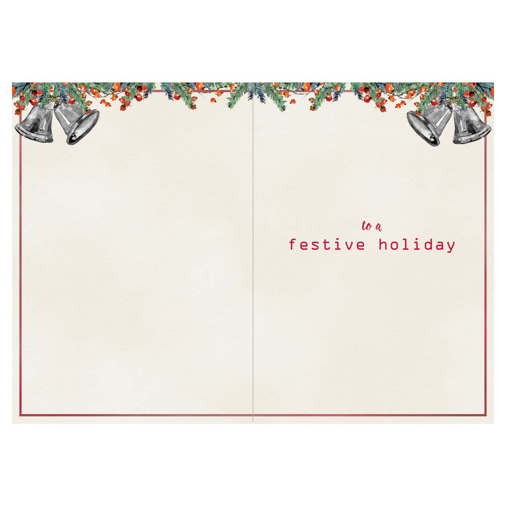 Open holiday card with decorative border, bells, and text on a white background