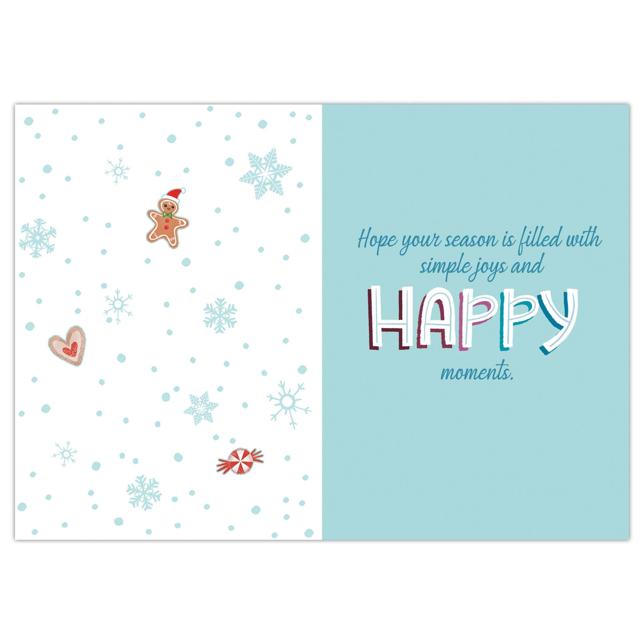 Holiday card with gingerbread man, snowflakes, and candy on a white background with a blue text box.