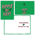 Green envelopes with 'YIPPIE KI YAY!' text and holly design on a white background