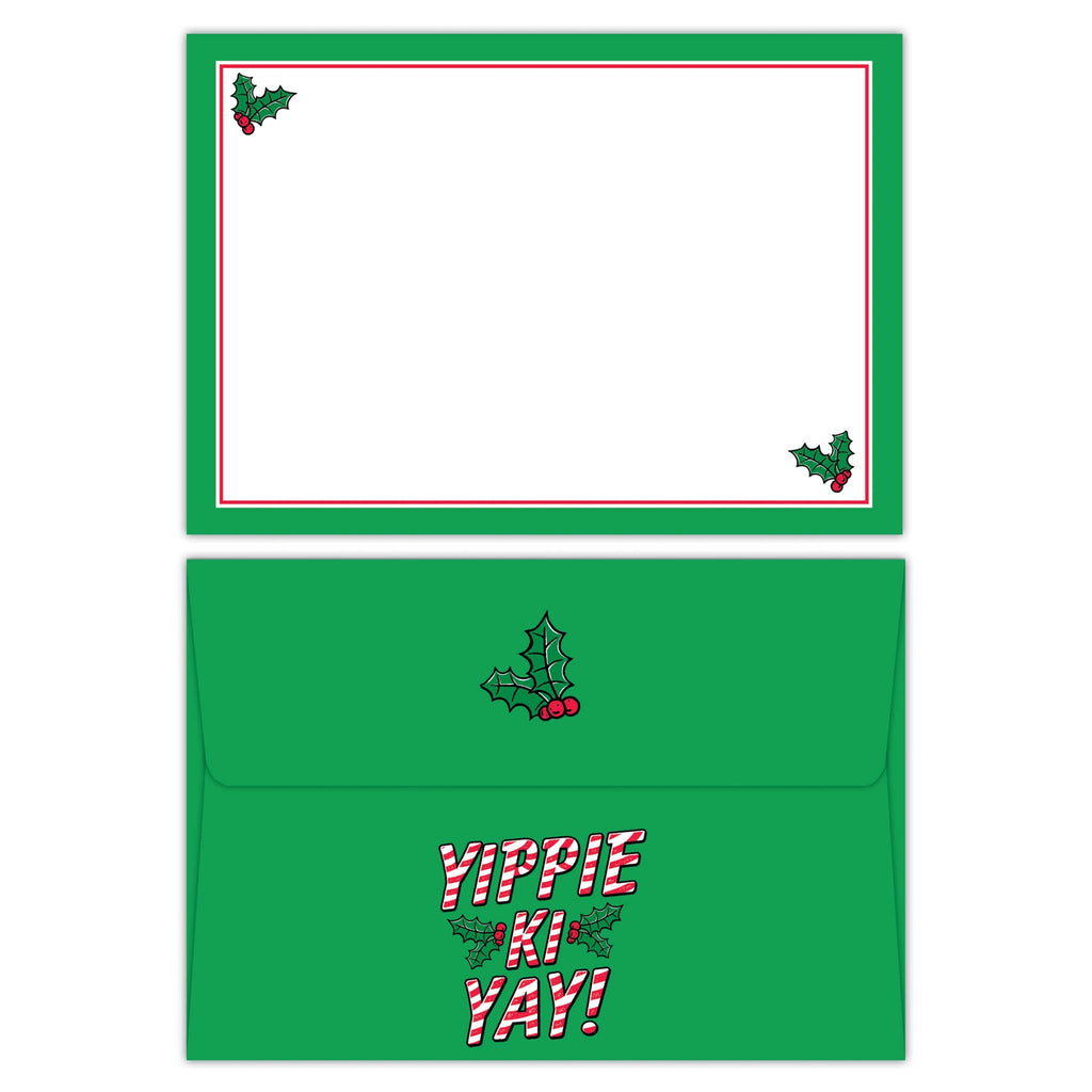 Green Christmas card with holly design and 'Yippie Ki Yay!' text on a white background