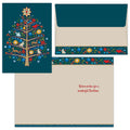 Christmas-themed card with a decorative tree design on a blue background, featuring a matching envelope and border.