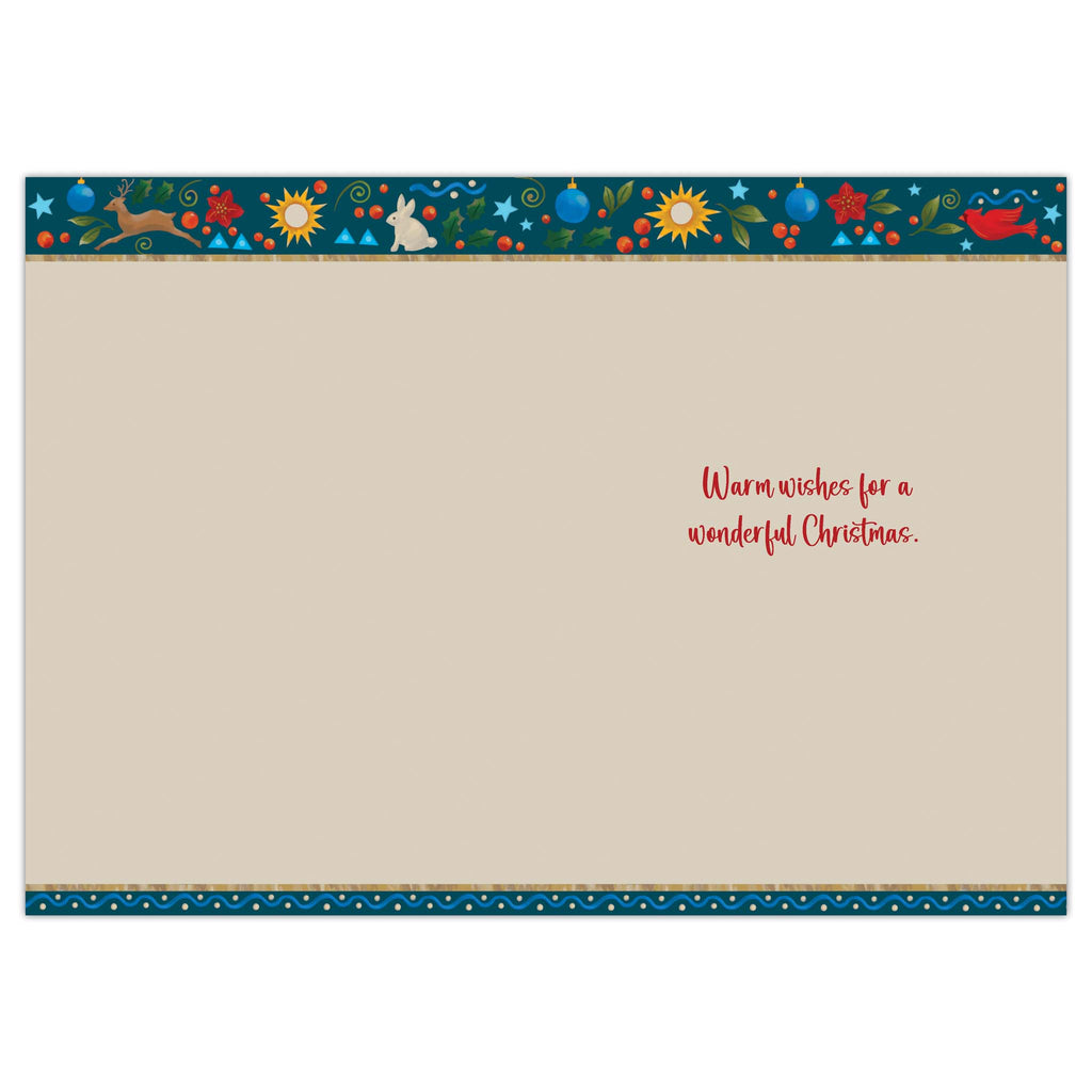 Beige card with Christmas-themed border and text 'Warm wishes for a wonderful Christmas'.