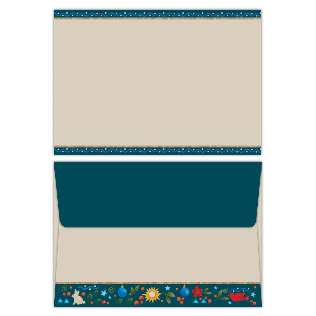 Decorative paper with a blue stripe and colorful border on a white background