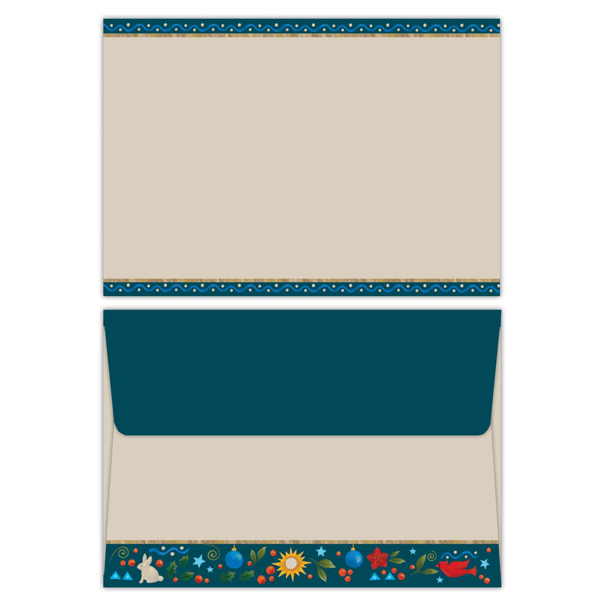 Decorative paper with a blue stripe and colorful border on a white background