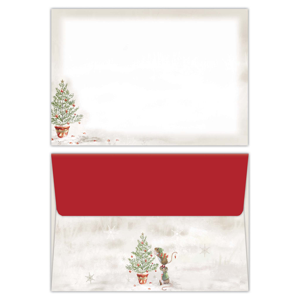 Envelope with Christmas tree and cat illustration on a white background