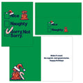 Christmas card with front, inside and envelope with Christmas-themed text and graphics on a white background