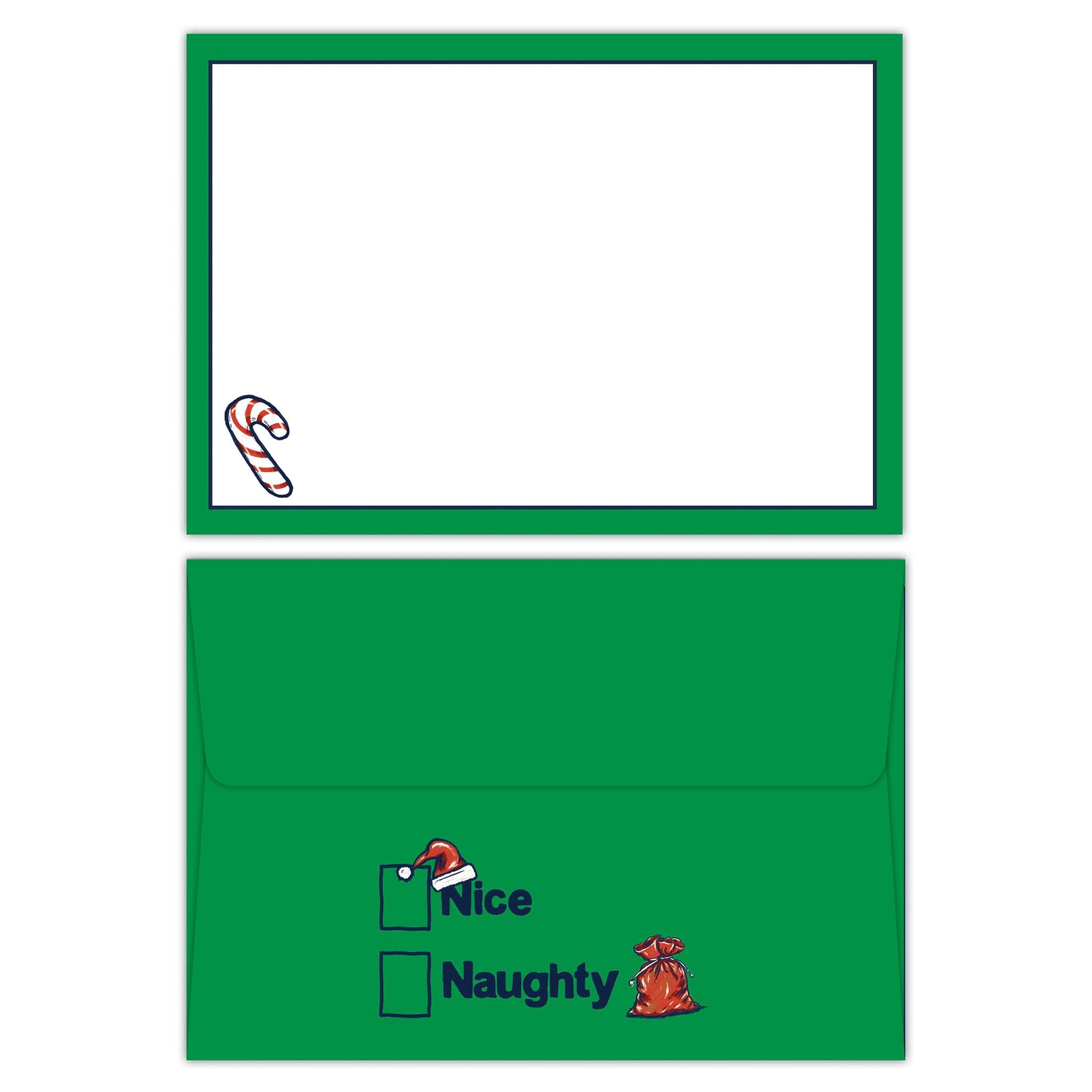 Green envelope with Christmas-themed design on a white background