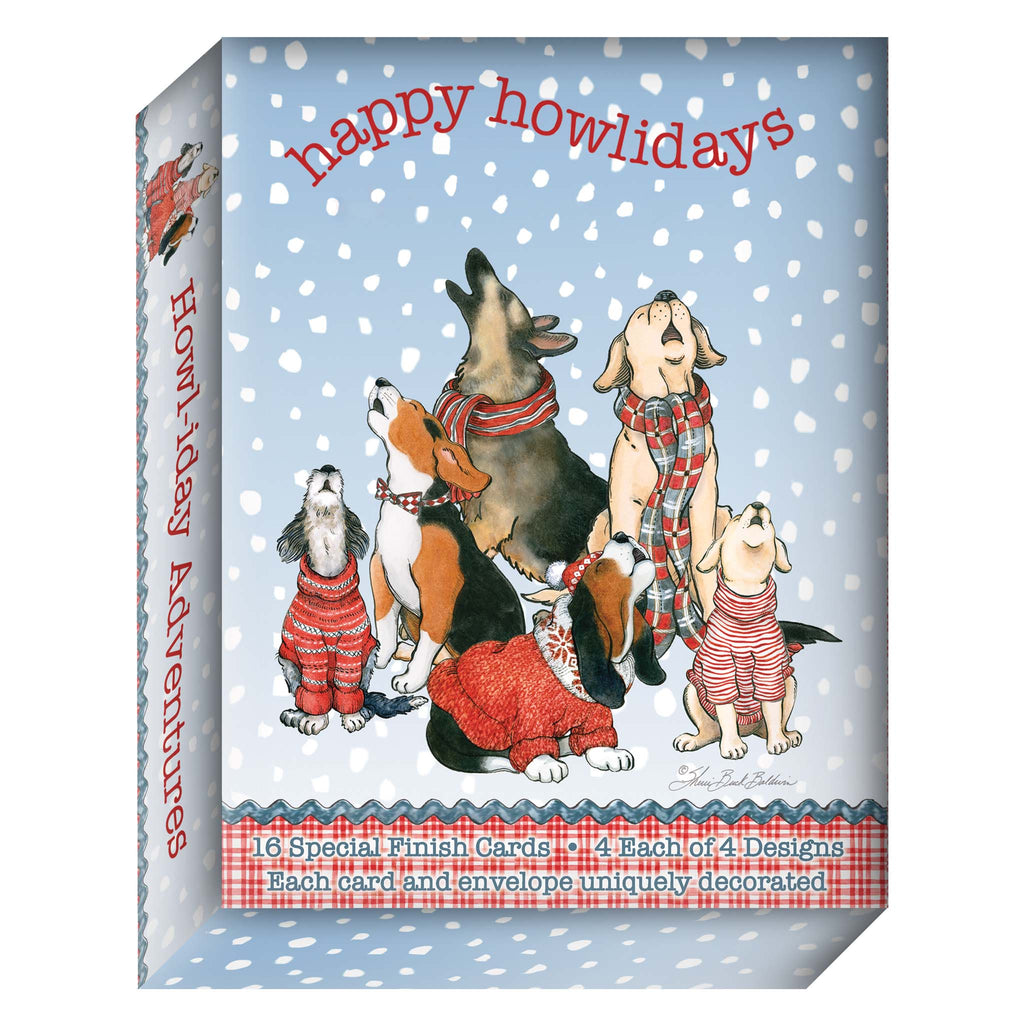 Box of 'happy howlidays' cards with cartoon dogs on a blue background