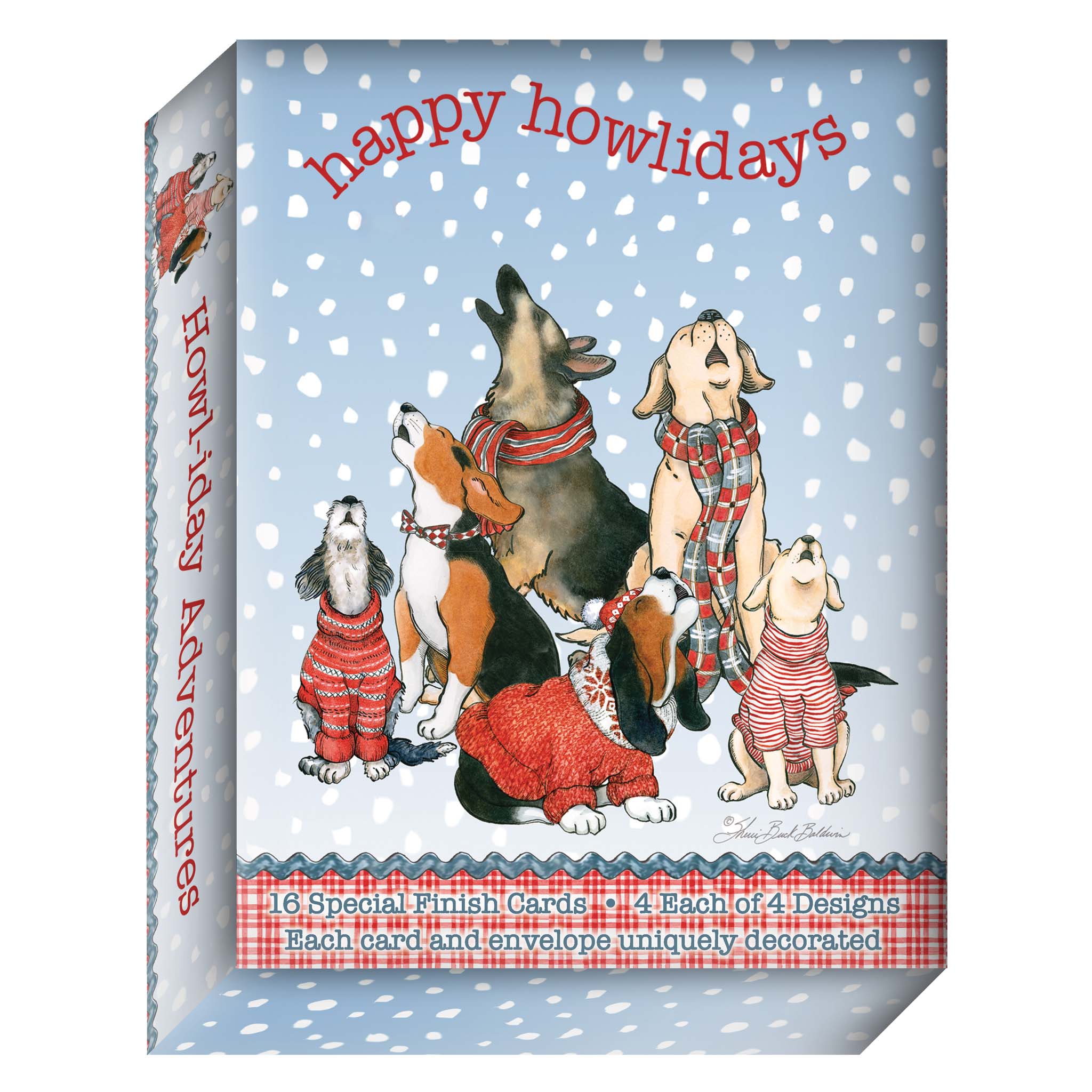 Box of 'happy howlidays' cards with cartoon dogs on a blue background