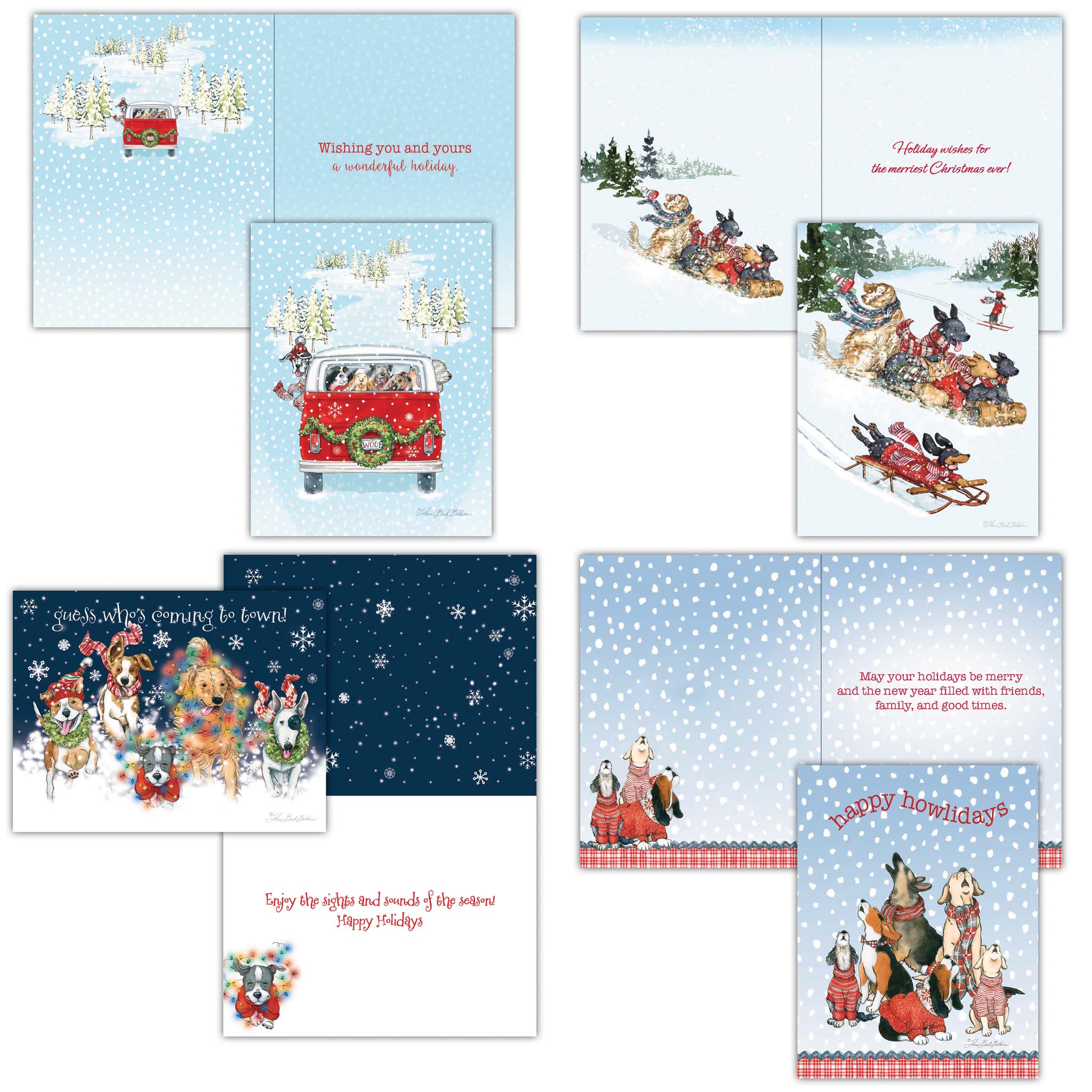 Collection of Christmas cards with festive illustrations of dogs and winter scenes.
