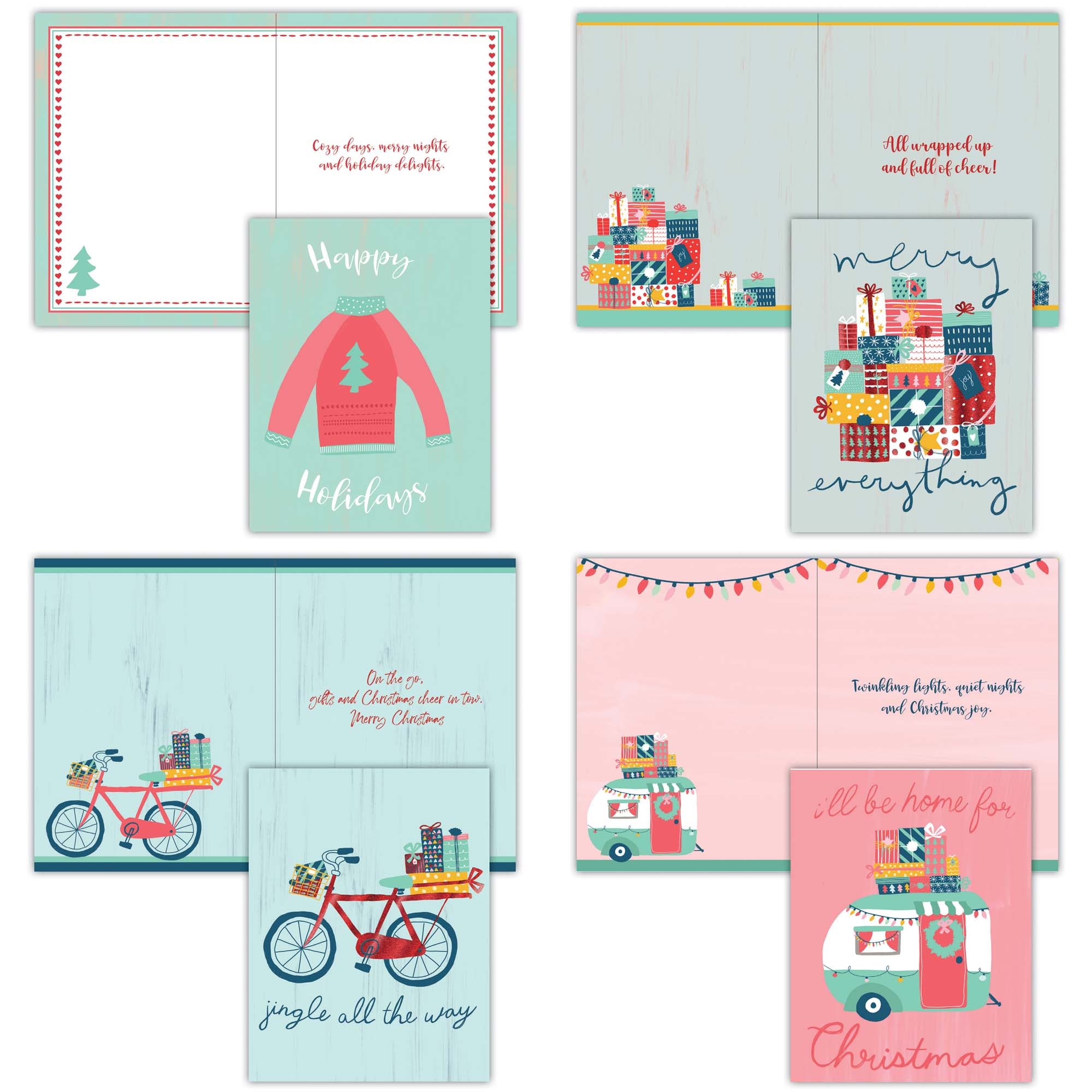 Set of Christmas-themed greeting cards with various designs on a white background.