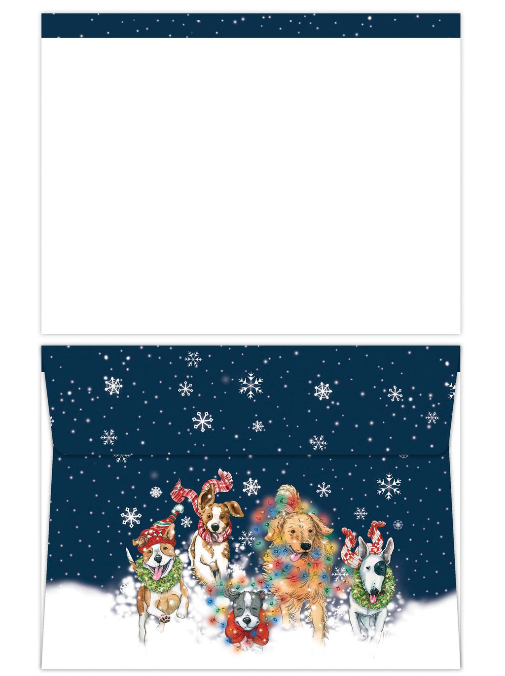 Christmas-themed envelope with dogs and snowflakes on a blue background